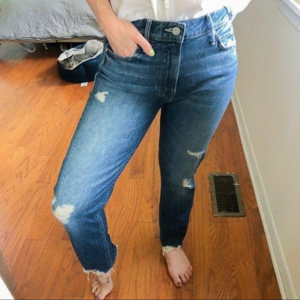 Mother Denim Distressed High Rise Ankle Jeans Blue